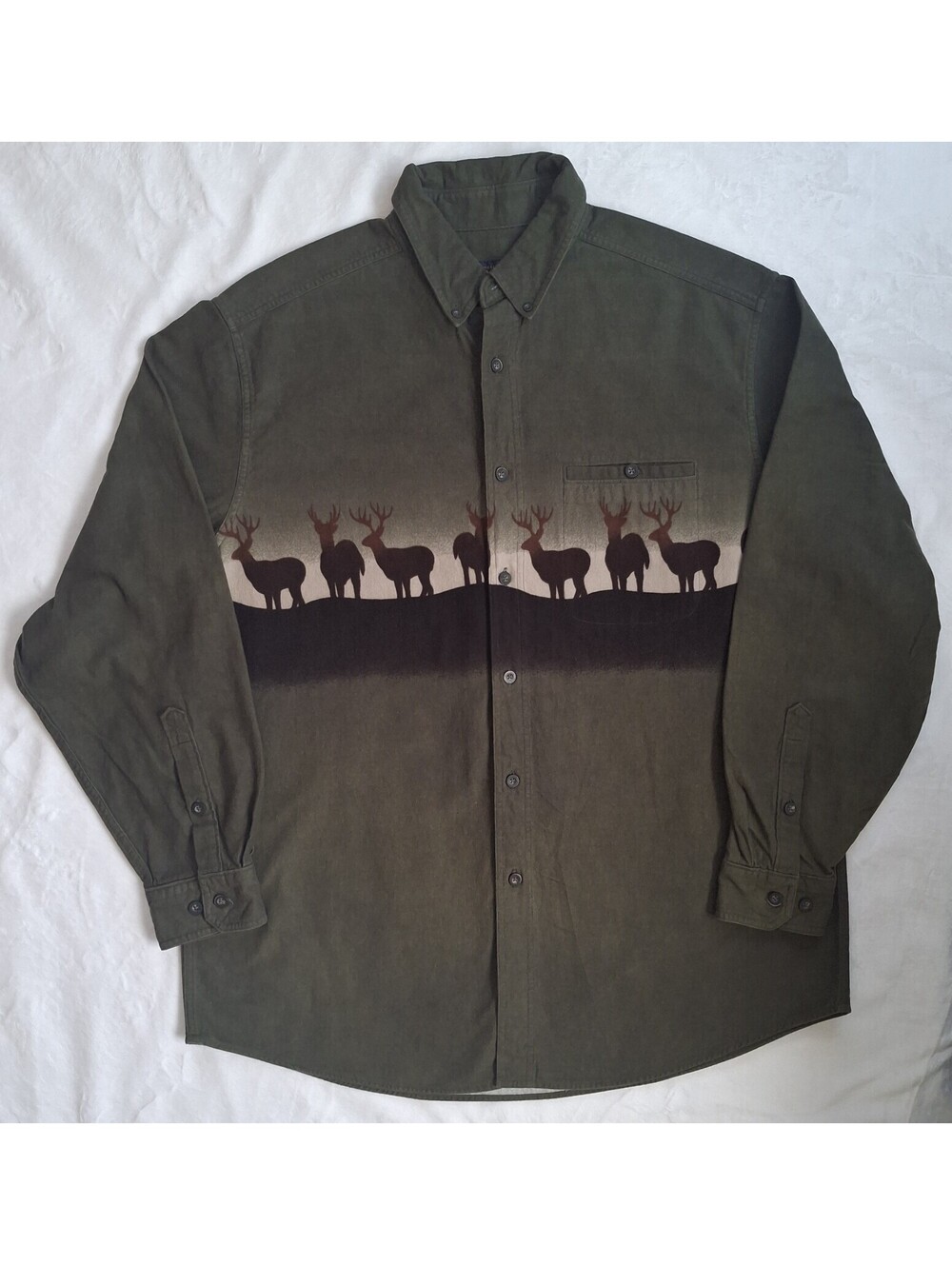 Woolrich Cotton Chamois Olive Green Deer Graphic Long Sleeve Shirt Men's XL